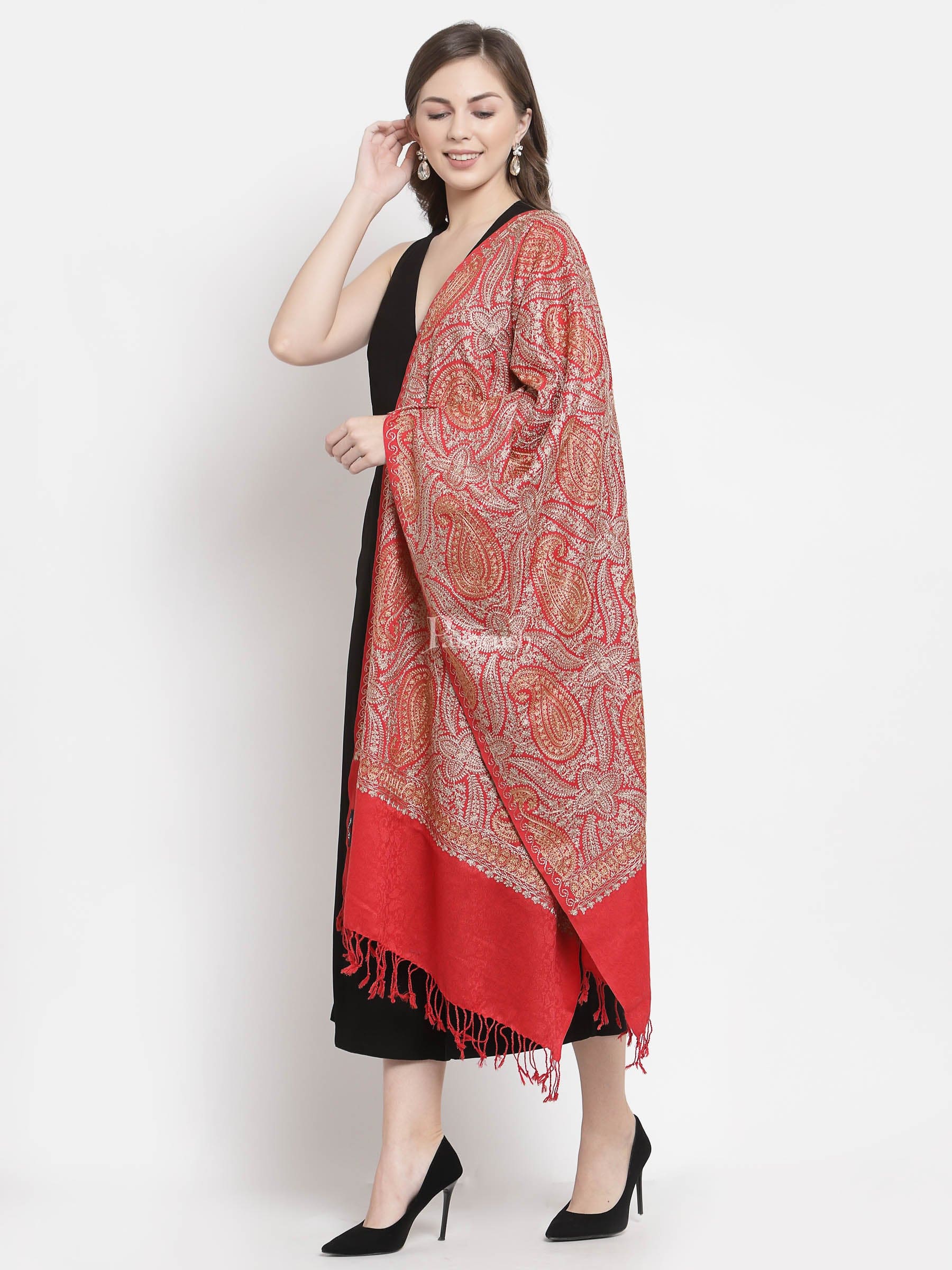 Pashtush India Womens Stoles and Scarves Scarf Pashtush Womens Fine Wool Stole, With Silky Nalki Embroidery, Self Weave, Crimson Red