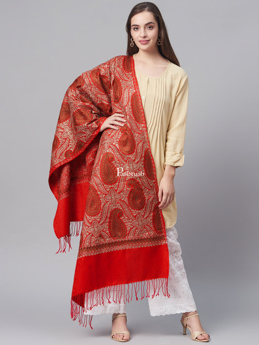 Pashtush India Womens Stoles and Scarves Scarf Pashtush Womens Fine Wool Stole, With Silky Nalki Embroidery, Self Weave, Crimson Red