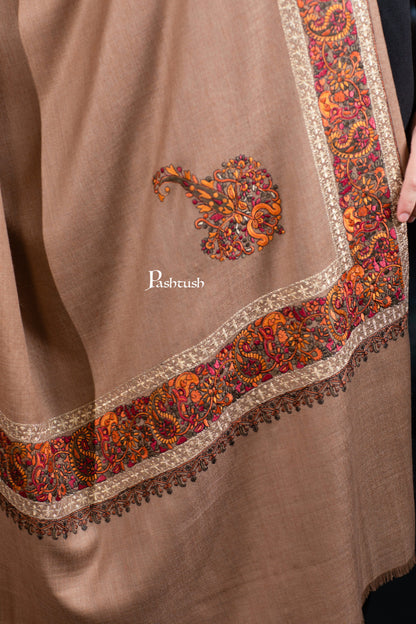 Pashtush India Womens Shawls Pashtush Womens Fine Wool Tilla Border Shawl, Challa Daur with Metallic Detailing, Taupe