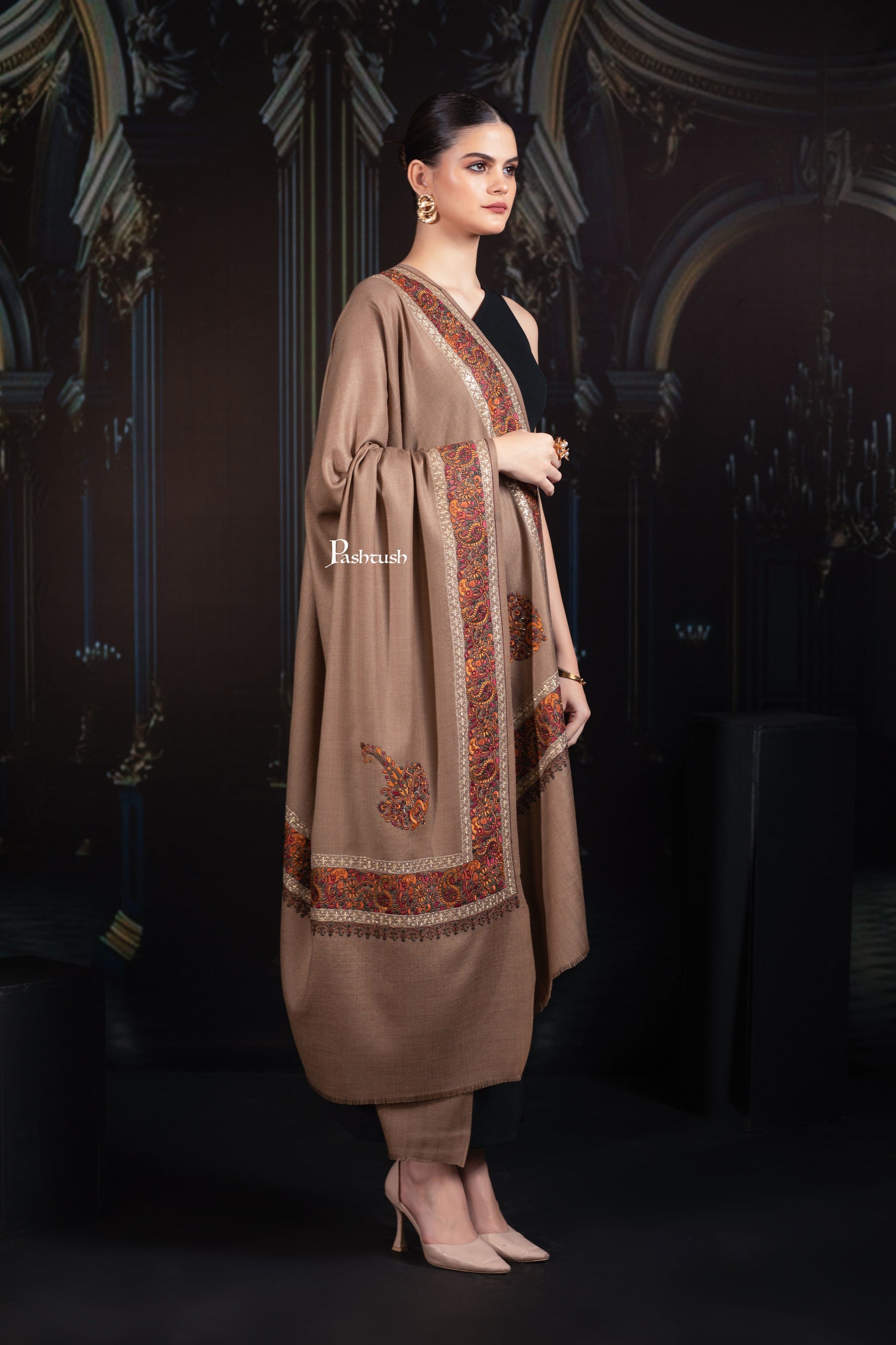 Pashtush India Womens Shawls Pashtush Womens Fine Wool Tilla Border Shawl, Challa Daur with Metallic Detailing, Taupe