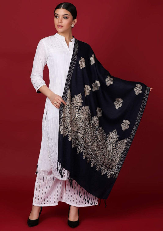 Pashtush Store Stole Pashtush Womens Fine Woollen, Silky Nalki Embroidery Needlework Stole, Midnight Blue