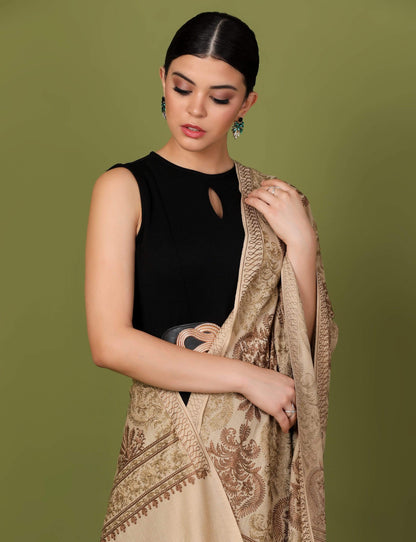 Pashtush Store Stole Pashtush Womens Fine Woollen, Silky Nalki Embroidery Needlework Stole, Sahara Beige
