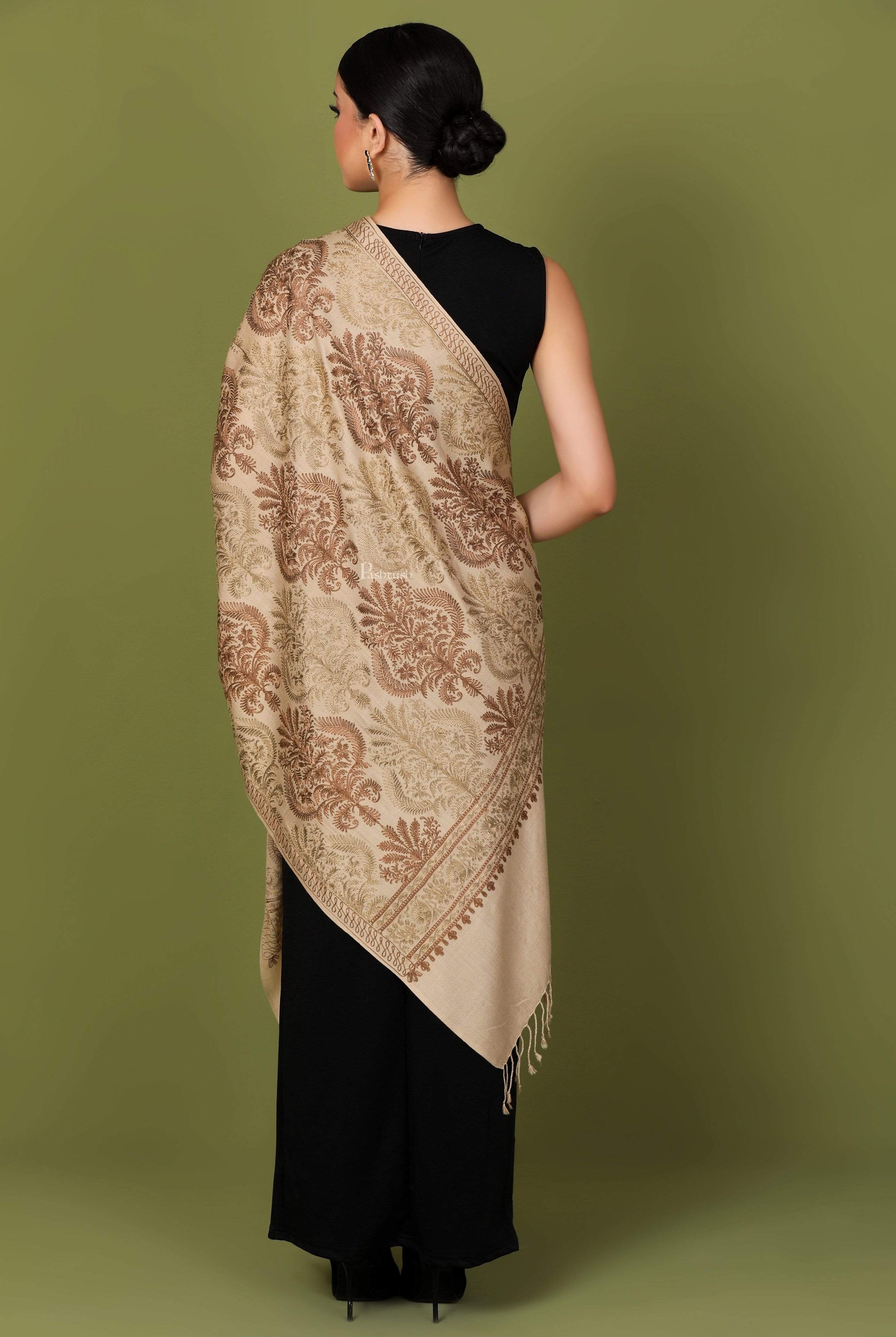 Pashtush Store Stole Pashtush Womens Fine Woollen, Silky Nalki Embroidery Needlework Stole, Sahara Beige