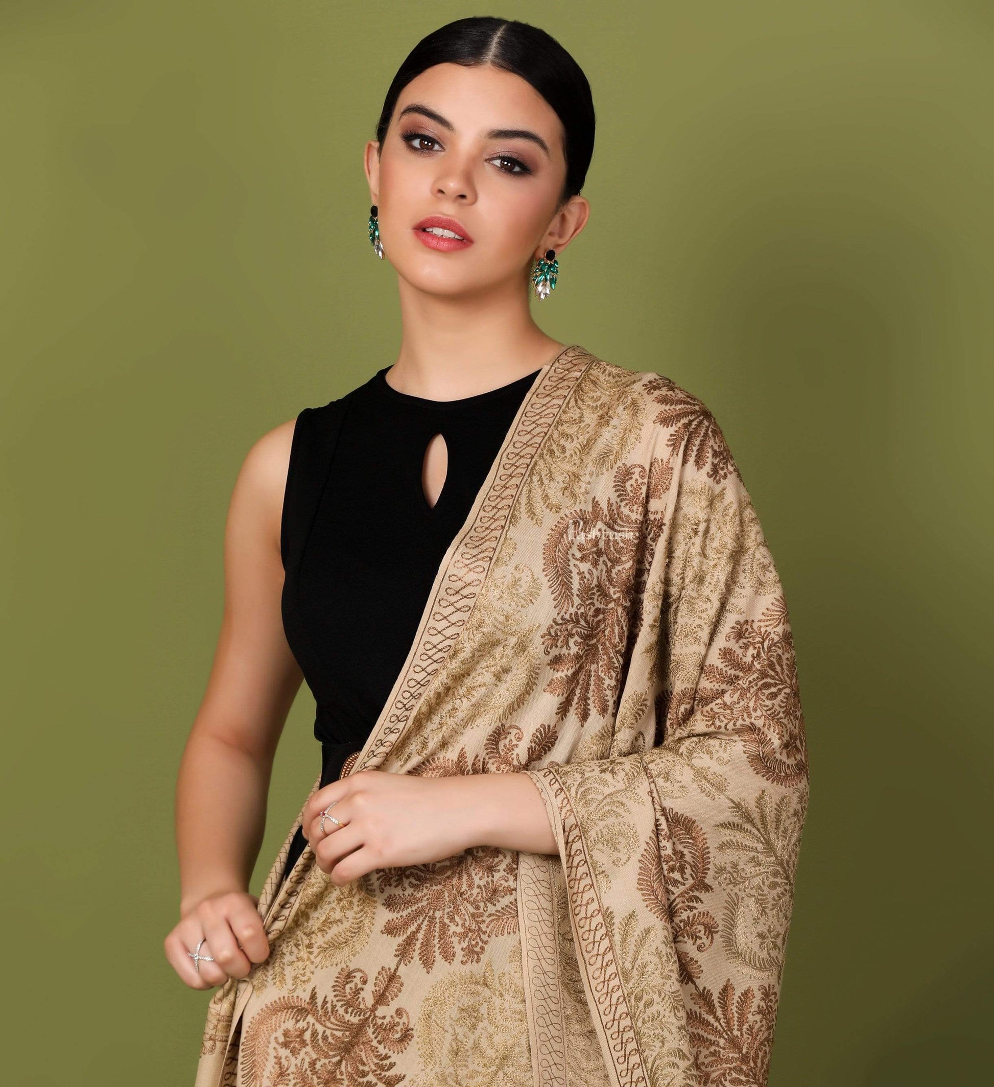Pashtush Store Stole Pashtush Womens Fine Woollen, Silky Nalki Embroidery Needlework Stole, Sahara Beige