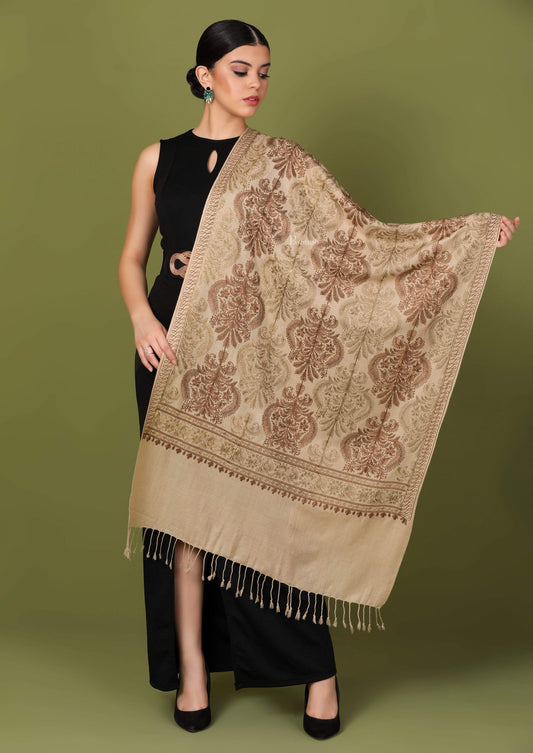 Pashtush Store Stole Pashtush Womens Fine Woollen, Silky Nalki Embroidery Needlework Stole, Sahara Beige