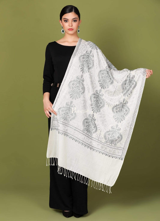 Pashtush Store Stole Pashtush Womens Fine Woollen, Silky Nalki Embroidery Needlework Stole, White