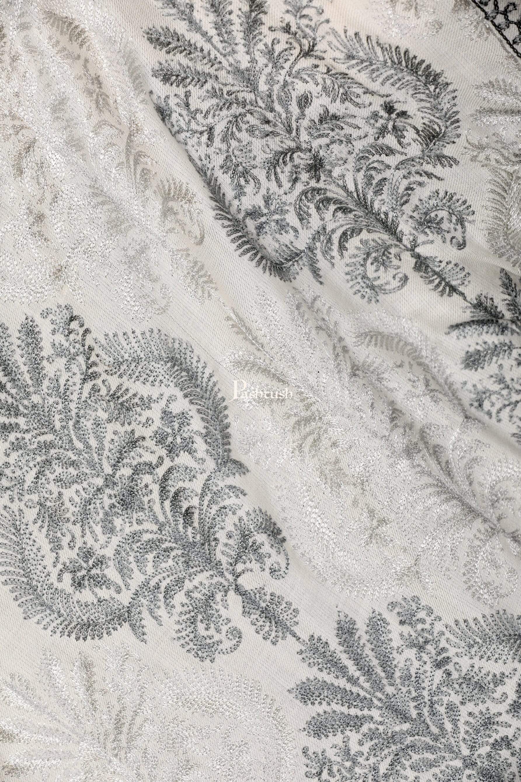 Pashtush Store Stole Pashtush Womens Fine Woollen, Silky Nalki Embroidery Needlework Stole, White