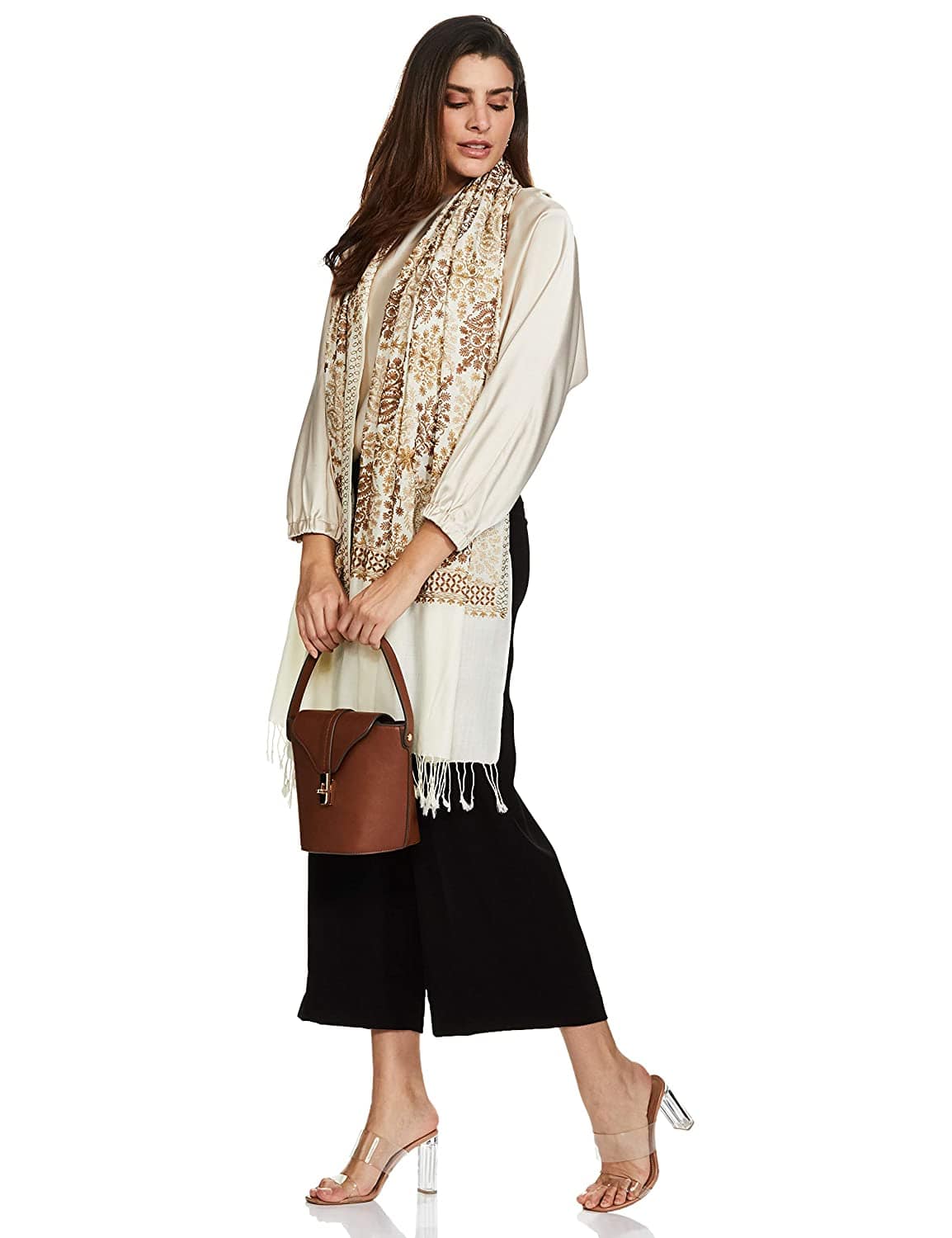 Pashtush India 70x200 Pashtush Womens Fine Woollen, Silky Nalki Embroidery Needlework Stole, White