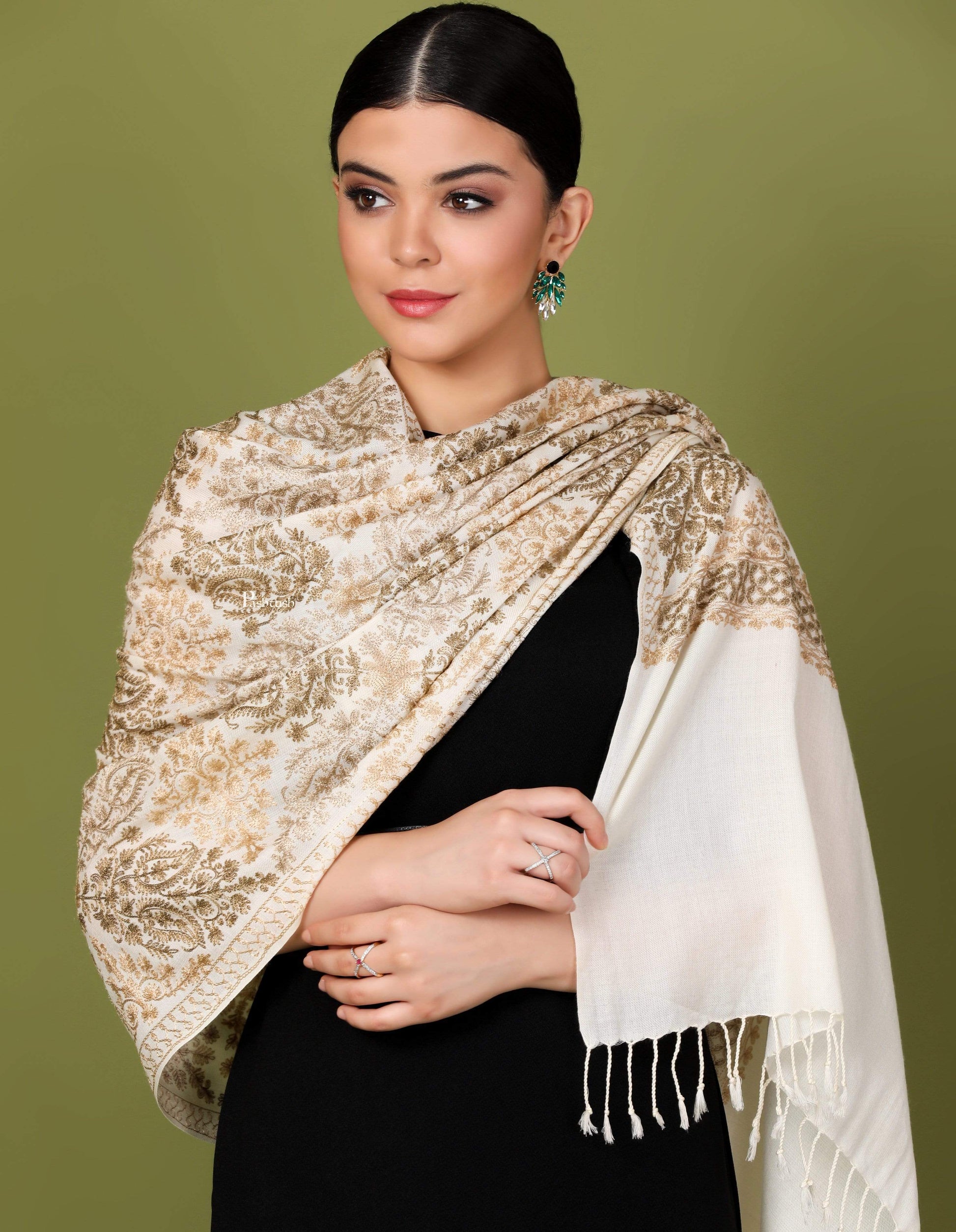 Pashtush India 70x200 Pashtush Womens Fine Woollen, Silky Nalki Embroidery Needlework Stole, White