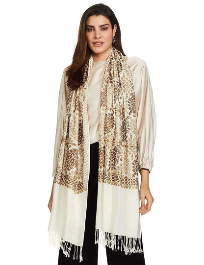 Pashtush India 70x200 Pashtush Womens Fine Woollen, Silky Nalki Embroidery Needlework Stole, White