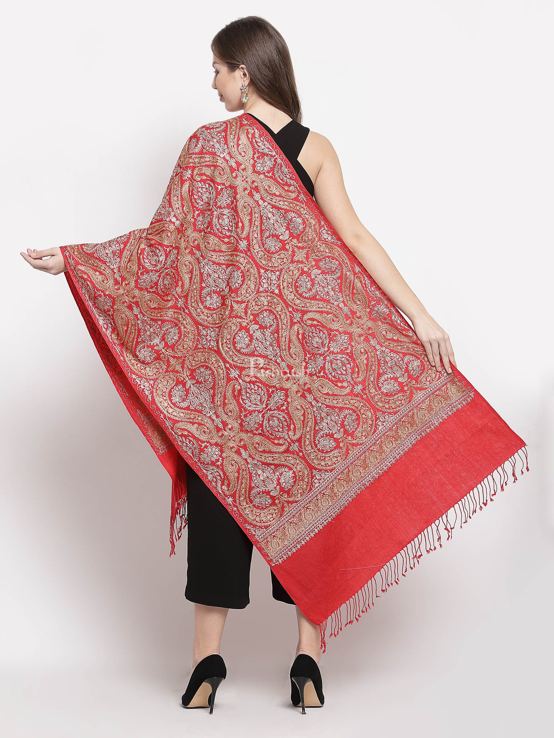 Pashtush India Womens Stoles and Scarves Scarf Pashtush Womens Fine Woollen, Silky Thread Nalki Embroidery Stole