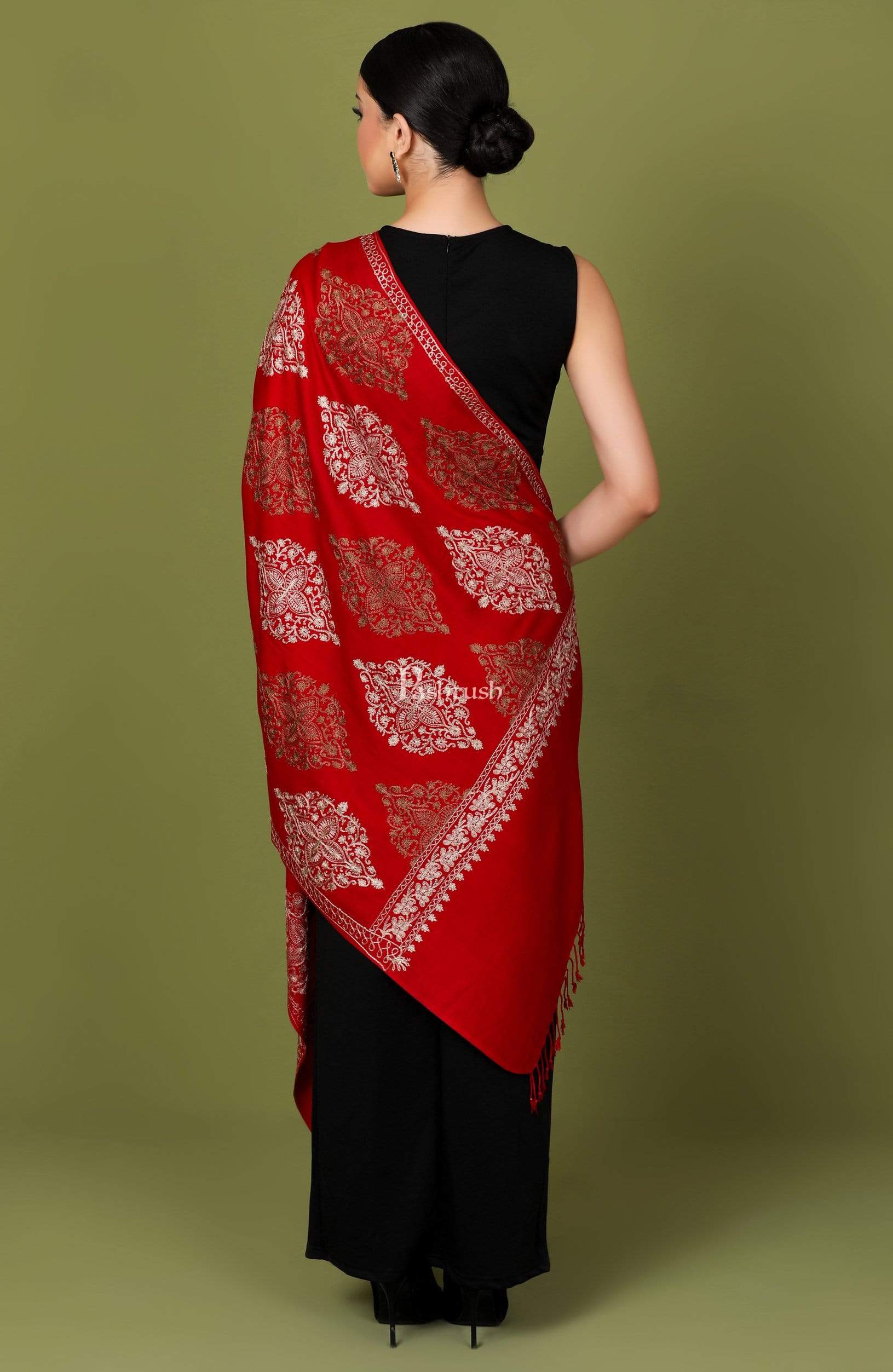 Pashtush Store Stole Pashtush Womens Fine Woollen, Silky Thread Nalki Embroidery Stole, Maroon
