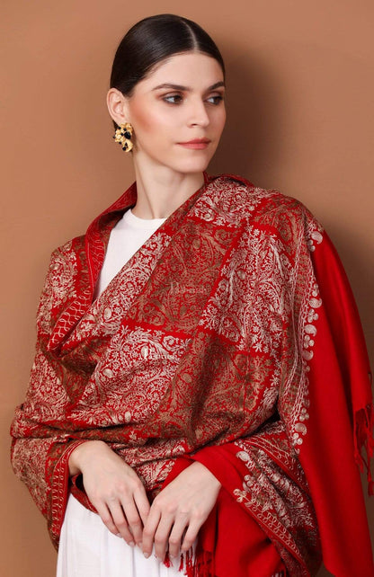 Pashtush Store Stole Pashtush Womens Fine Woollen, Silky Thread Nalki Embroidery Stole, red