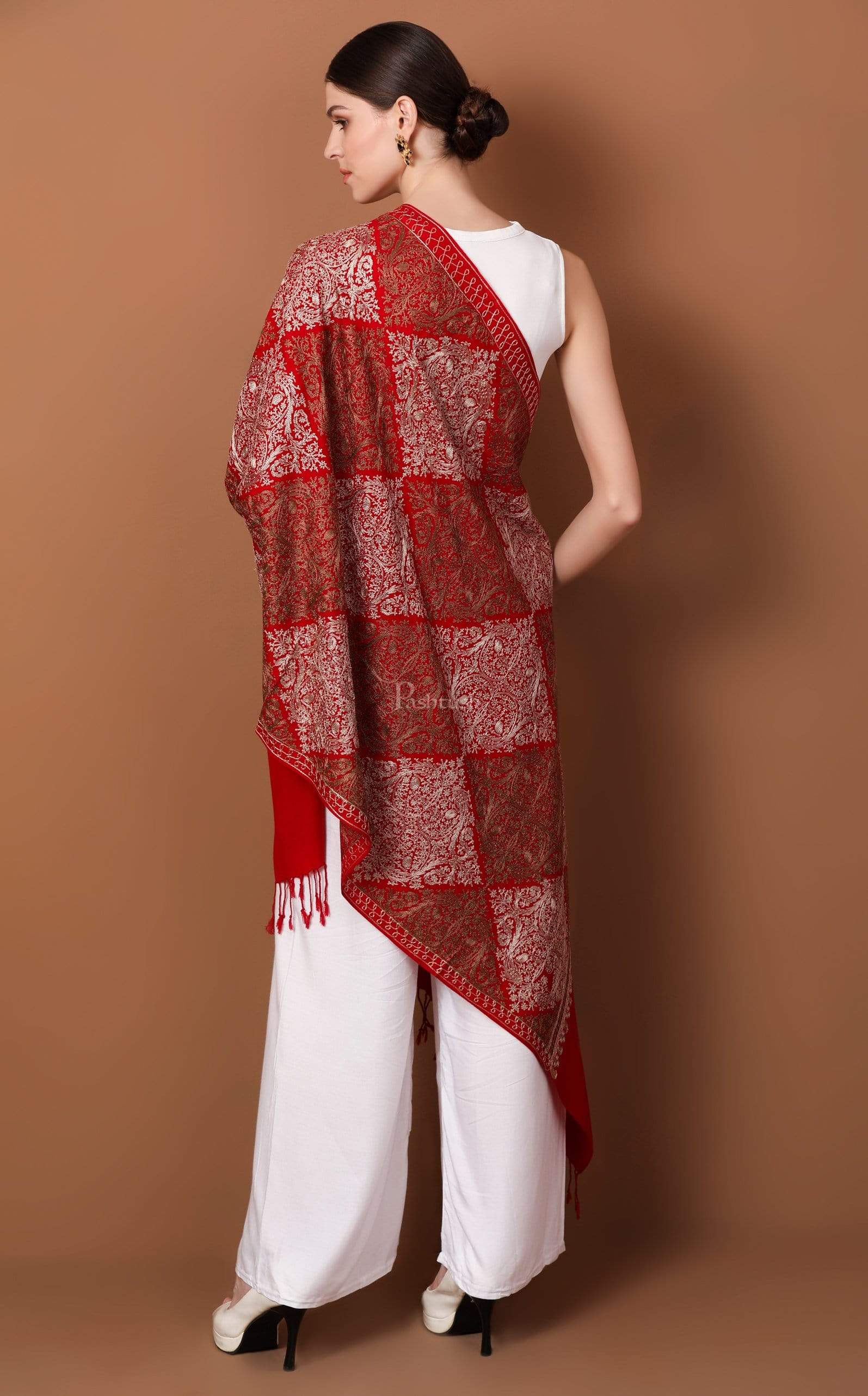 Pashtush Store Stole Pashtush Womens Fine Woollen, Silky Thread Nalki Embroidery Stole, red