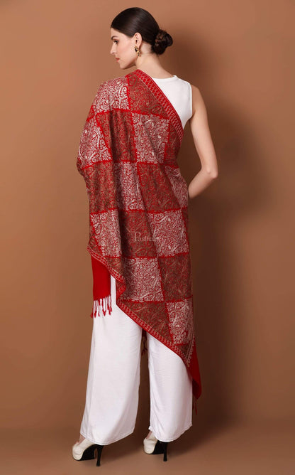Pashtush Store Stole Pashtush Womens Fine Woollen, Silky Thread Nalki Embroidery Stole, red