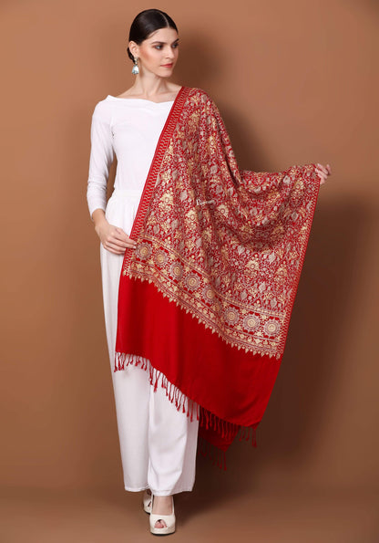 Pashtush Store Stole Pashtush Womens Fine Woollen, Silky Thread Nalki Embroidery Stole, Red
