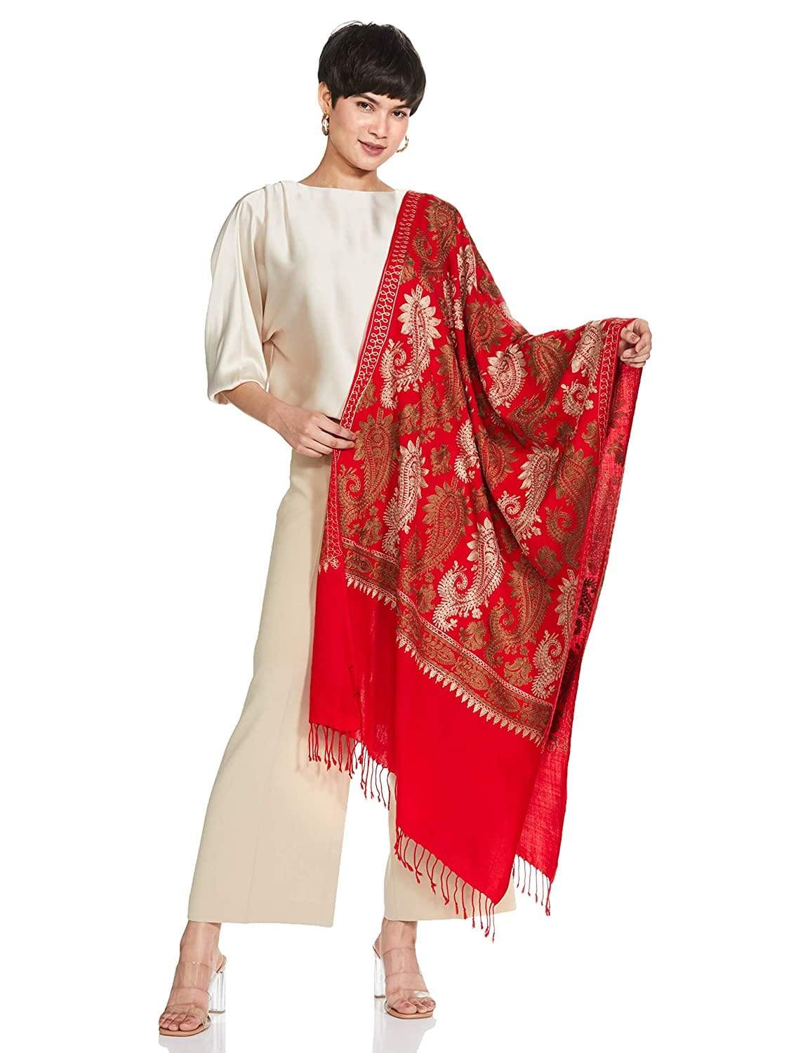 Pashtush India 70x200 Pashtush Womens Fine Woollen, Silky Thread Nalki Embroidery Stole, red