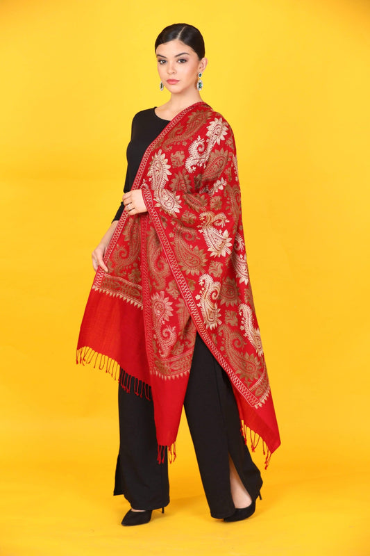 Pashtush India 70x200 Pashtush Womens Fine Woollen, Silky Thread Nalki Embroidery Stole, red