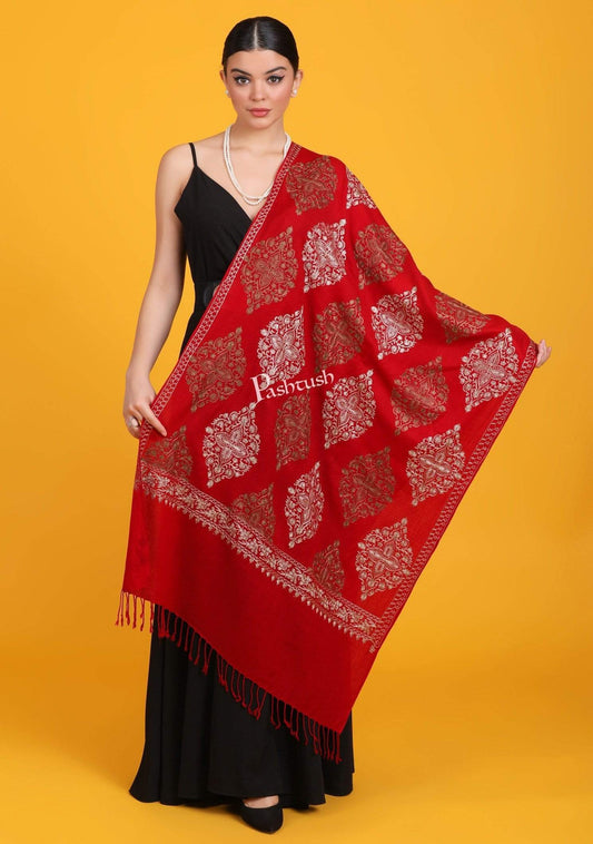 Pashtush India 70x200 Pashtush Womens Fine Woollen, Silky Thread Nalki Embroidery Stole, red