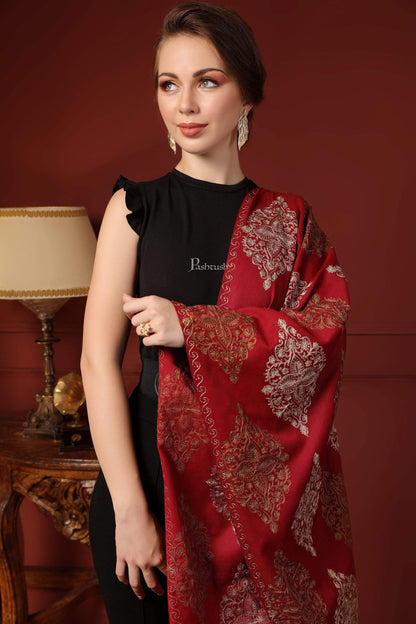Pashtush India 70x200 Pashtush Womens Fine Woollen, Silky Thread Nalki Embroidery Stole, Red