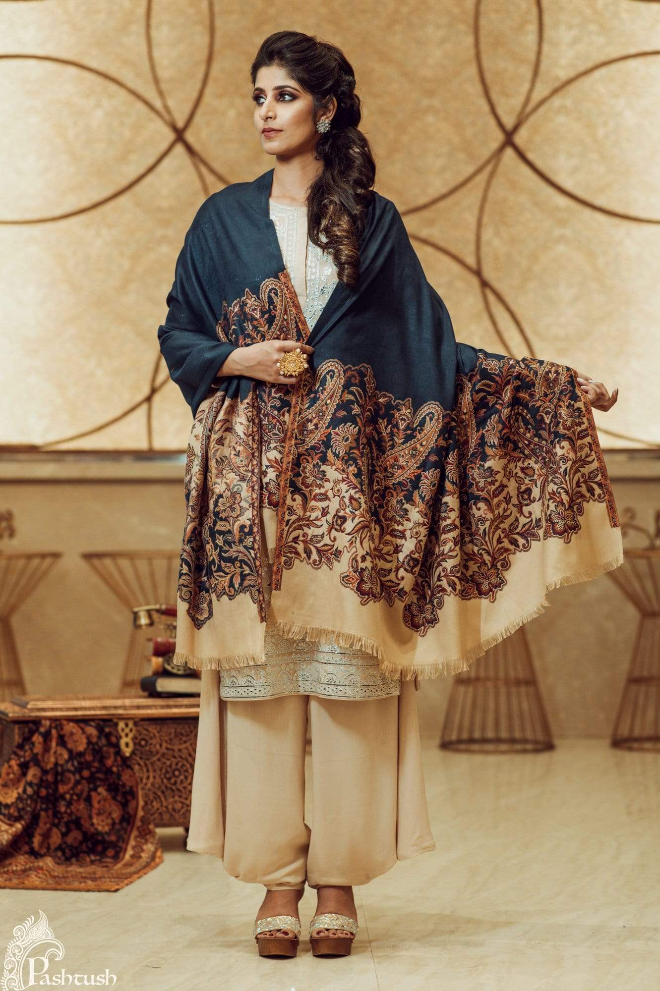 Pashtush Shawl Store Shawl Pashtush Womens Floral Jacquard Shawl, Faux Pashmina, black