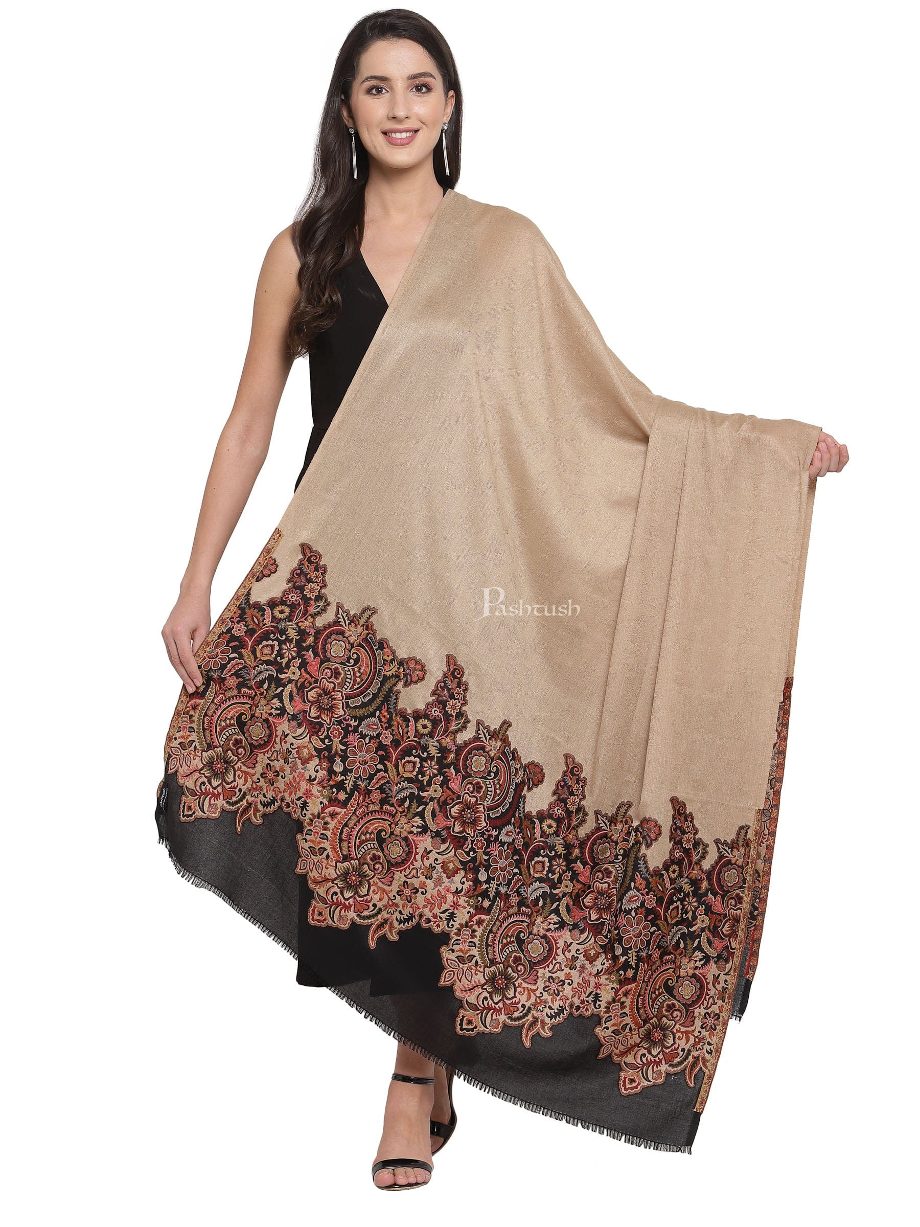 Pashtush India Womens Shawls Pashtush Womens Floral Jacquard Twin Coloured Shawl Black Beige