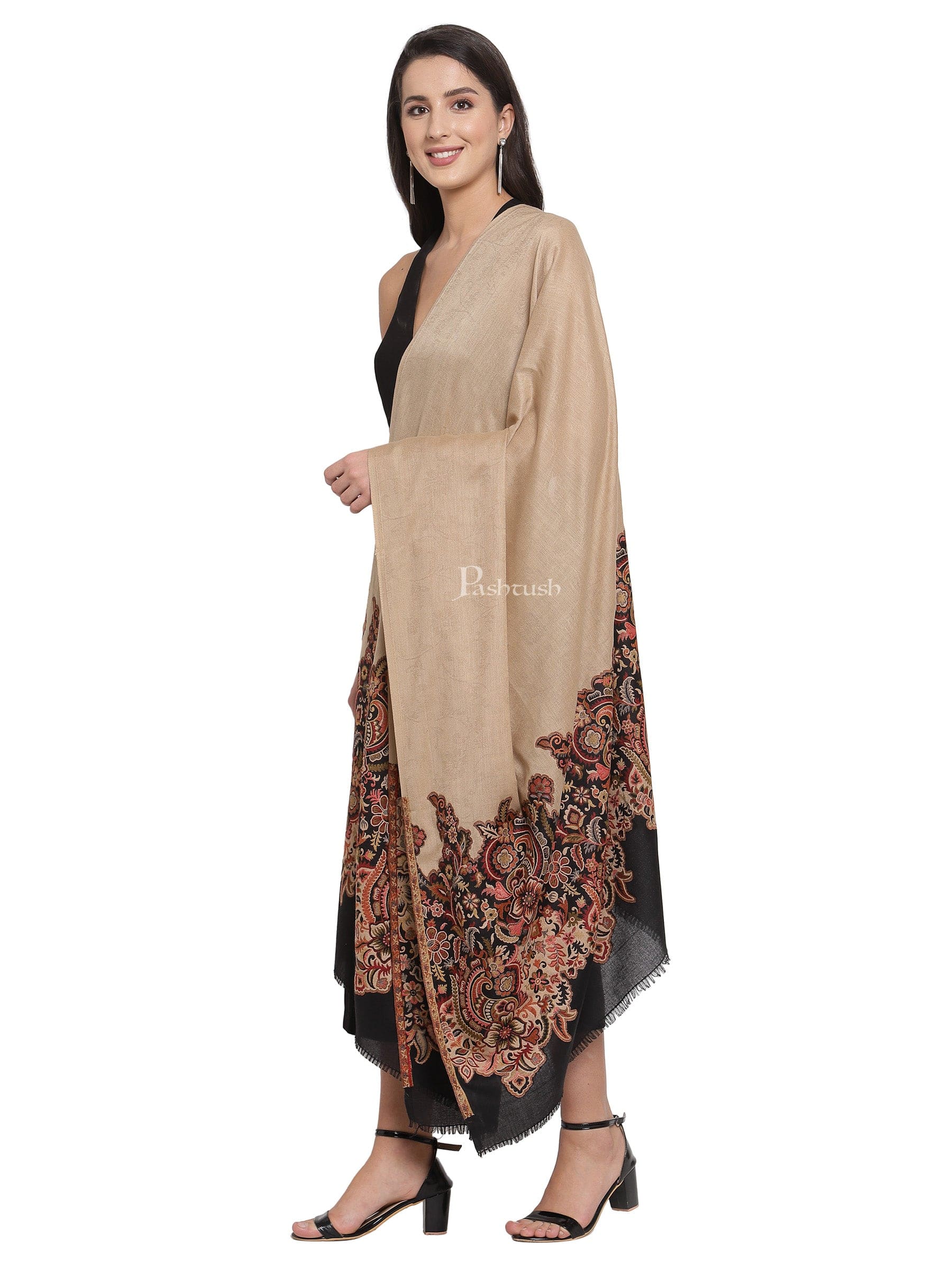 Pashtush India Womens Shawls Pashtush Womens Floral Jacquard Twin Coloured Shawl Black Beige