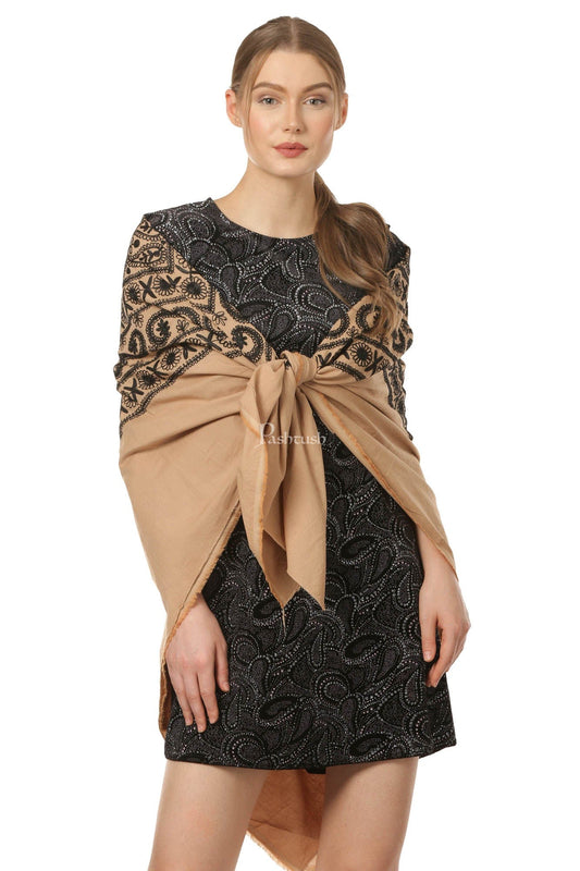 Pashtush India Womens Cape Pashtush Womens Hand Embroidered Kaftan Square Shawl, With Aari Embroidery, Cotton.