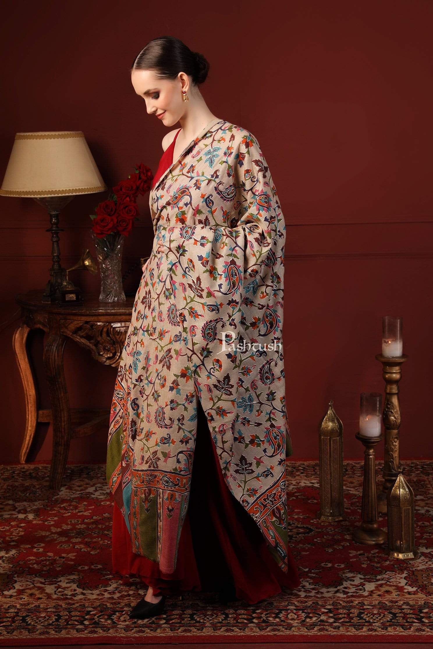 Pashtush India 114x228 Pashtush Womens Hand Embroidered Kalamkari Shawl, Fine Wool