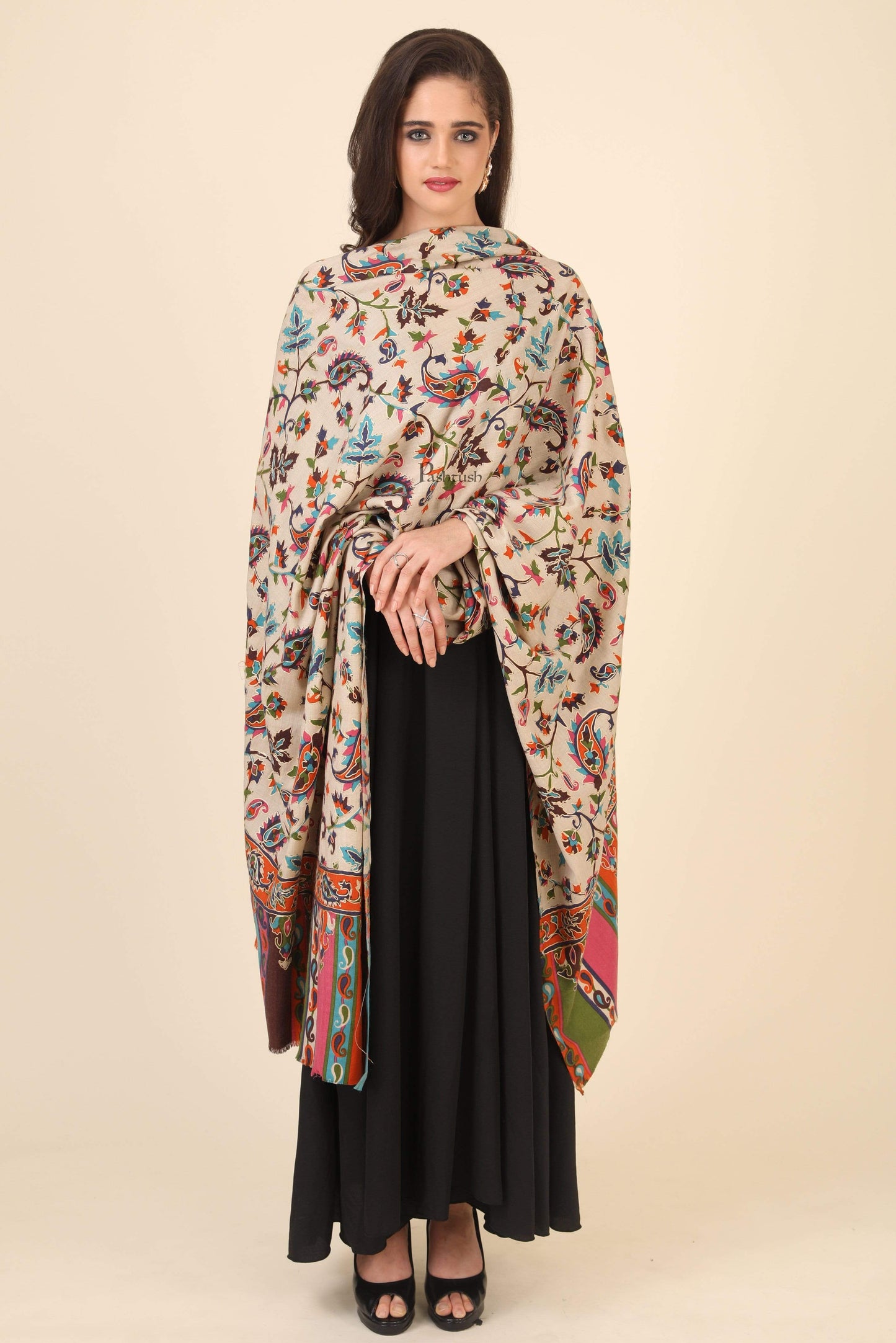 Pashtush India 100x200 Pashtush Womens Hand Embroidered Kalamkari Shawl, Fine Wool