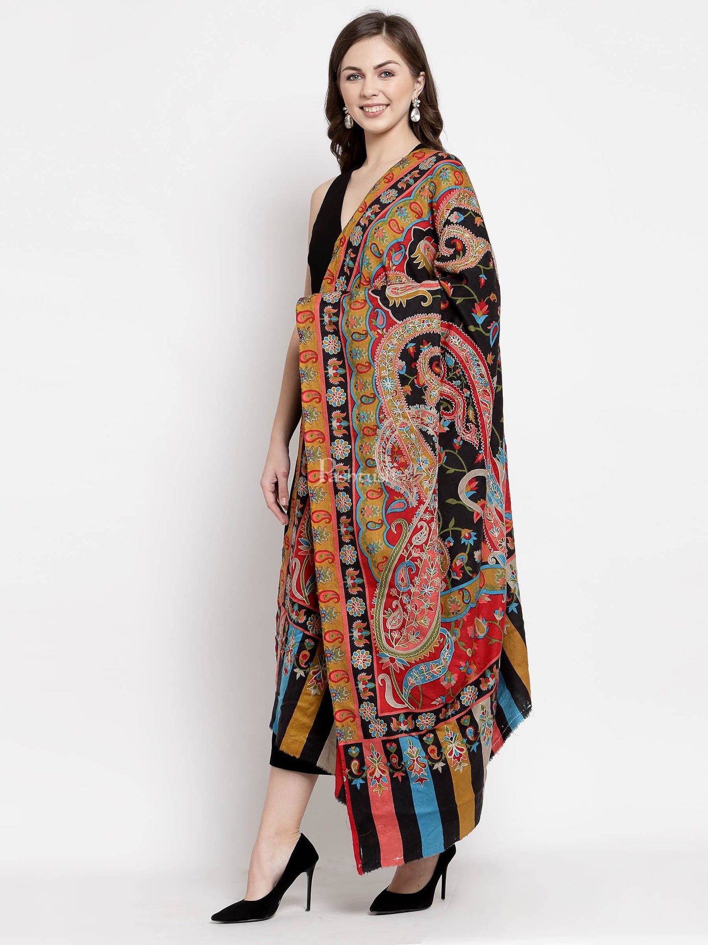 Pashtush India Womens Shawls Pashtush Womens Hand Embroidered Kalamkari Shawl, Fine Wool
