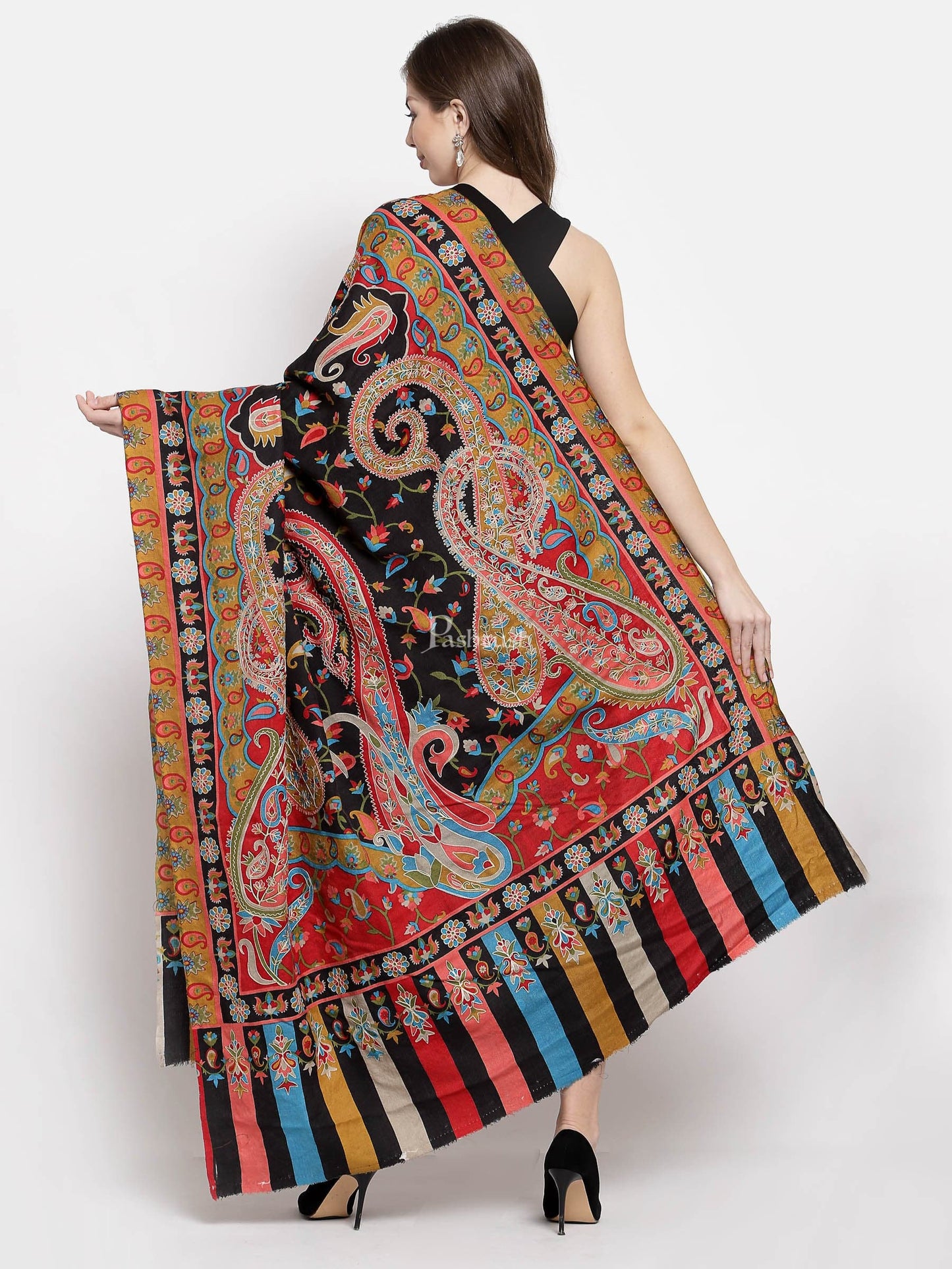 Pashtush India Womens Shawls Pashtush Womens Hand Embroidered Kalamkari Shawl, Fine Wool