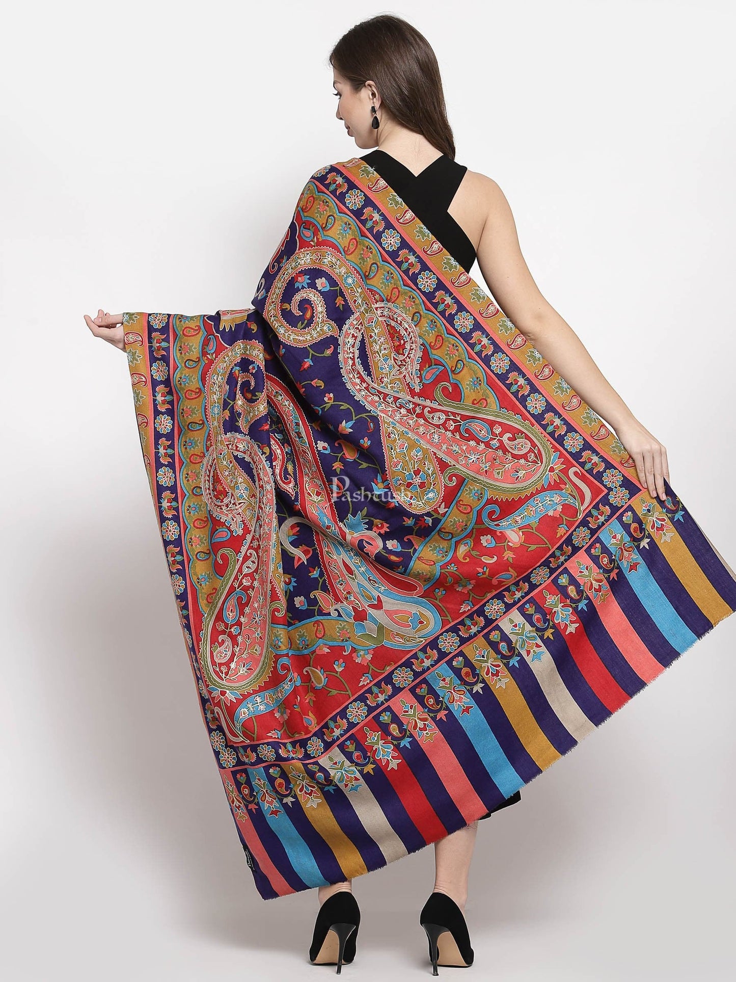 Pashtush India Womens Shawls Pashtush Womens Hand Embroidered Kalamkari Shawl, Fine Wool