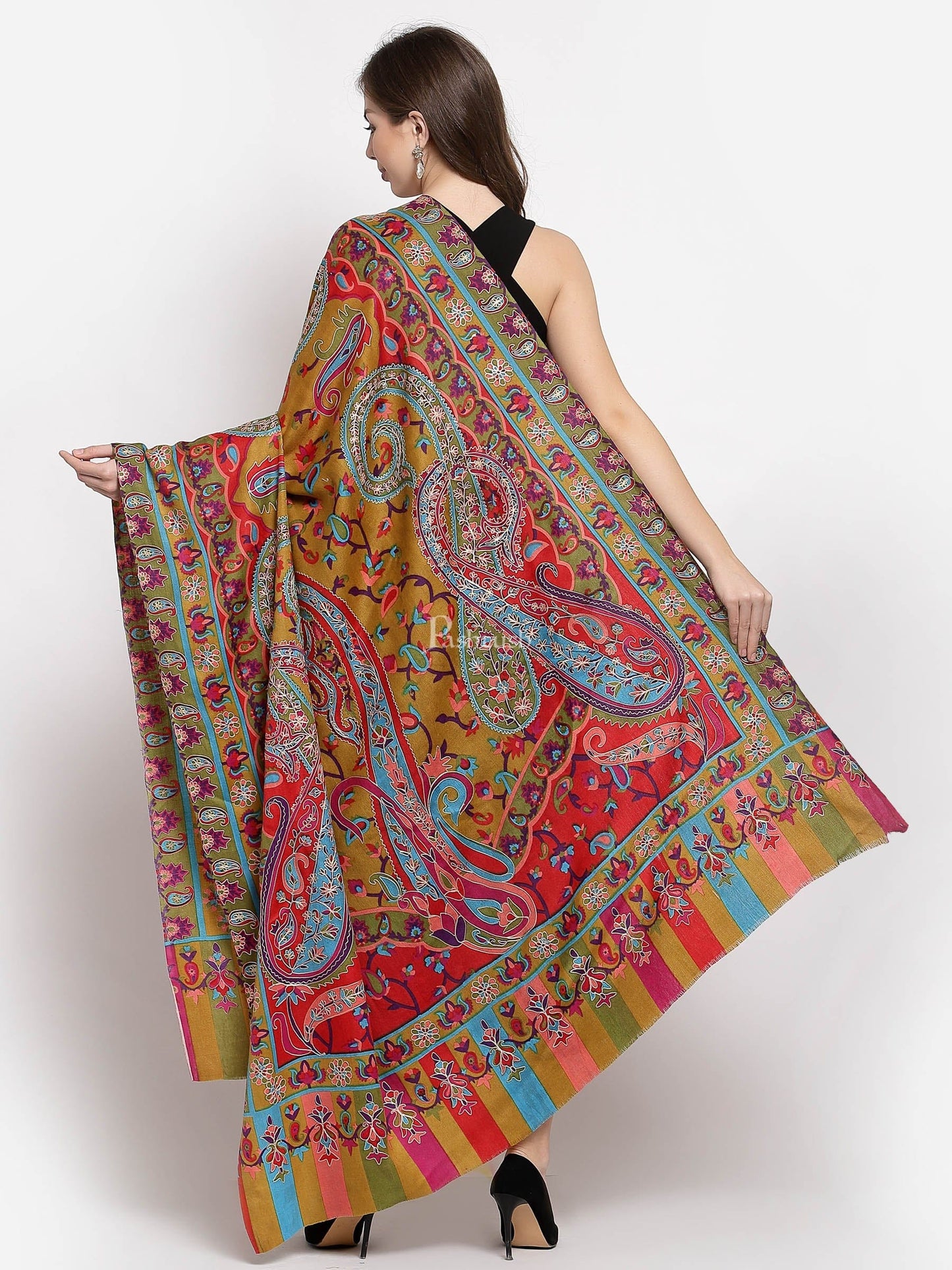 Pashtush India Womens Shawls Pashtush Womens Hand Embroidered Kalamkari Shawl, Soft And Warm, Light Weight Fine Wool