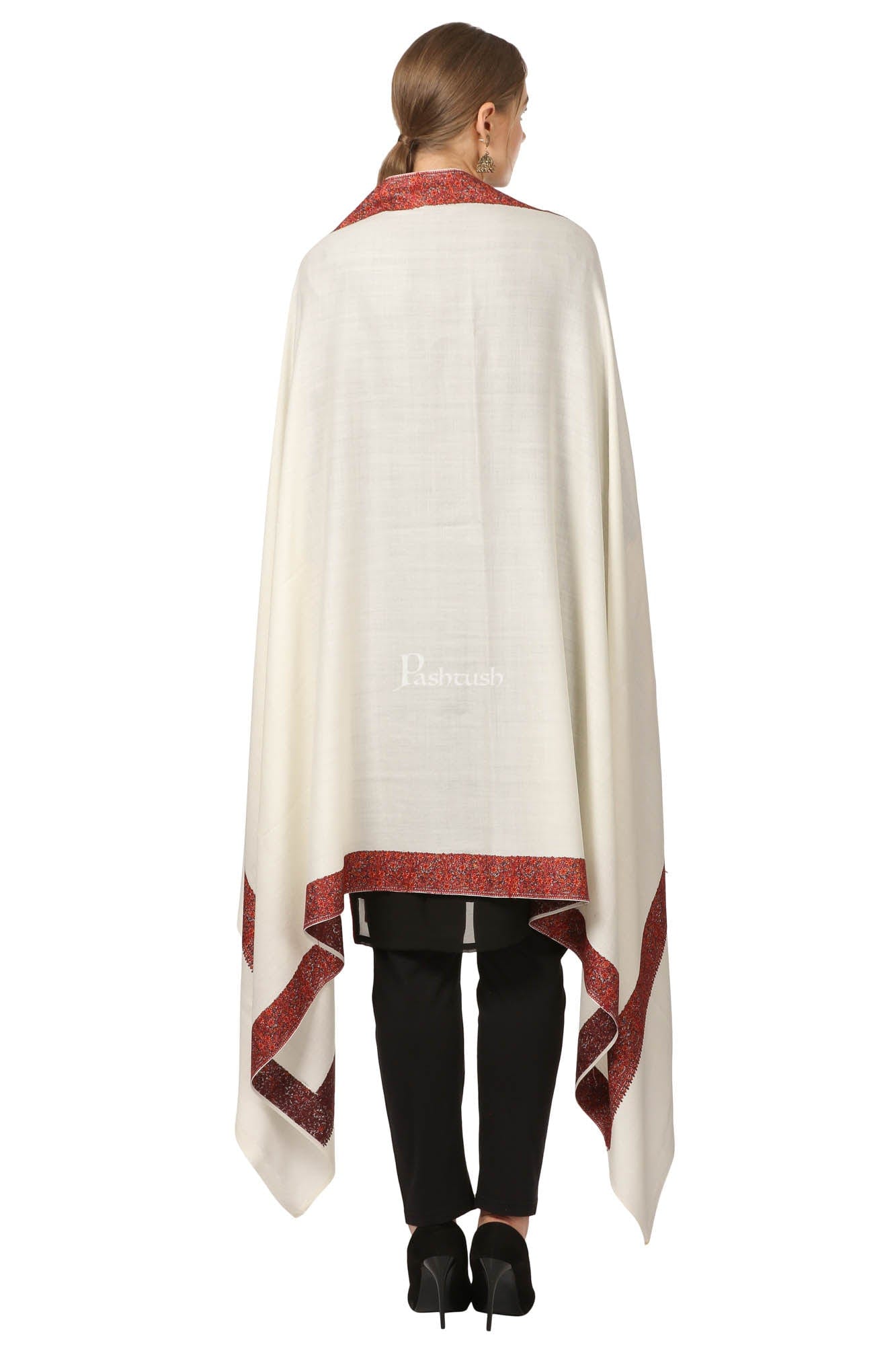 Pashtush India Womens Shawls Pashtush Womens Hand Embroidery Shawl, 100% Pure Wool Shawls, Ivory