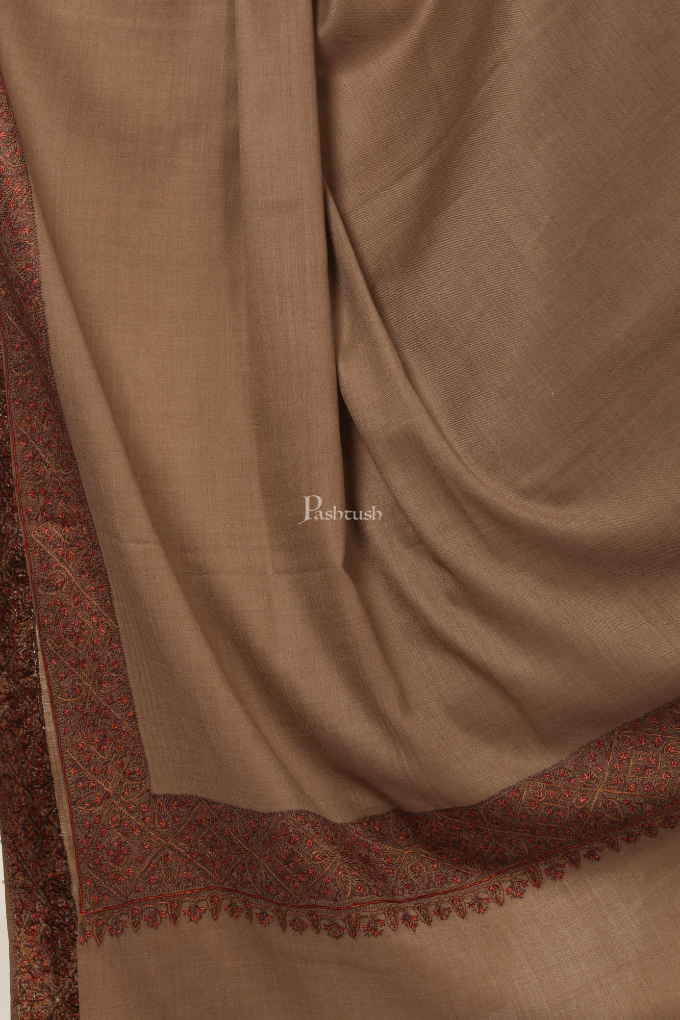 Pashtush India Womens Shawls Pashtush Womens Hand Embroidery Shawl, Border Design Shawls Brown