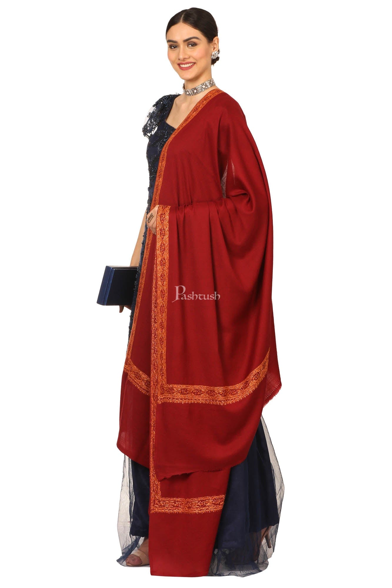 Pashtush India Womens Shawls Pashtush Womens Hand Embroidery Shawl, Border Design With Fine Needlework, Pure Wool Shawls - Maroon