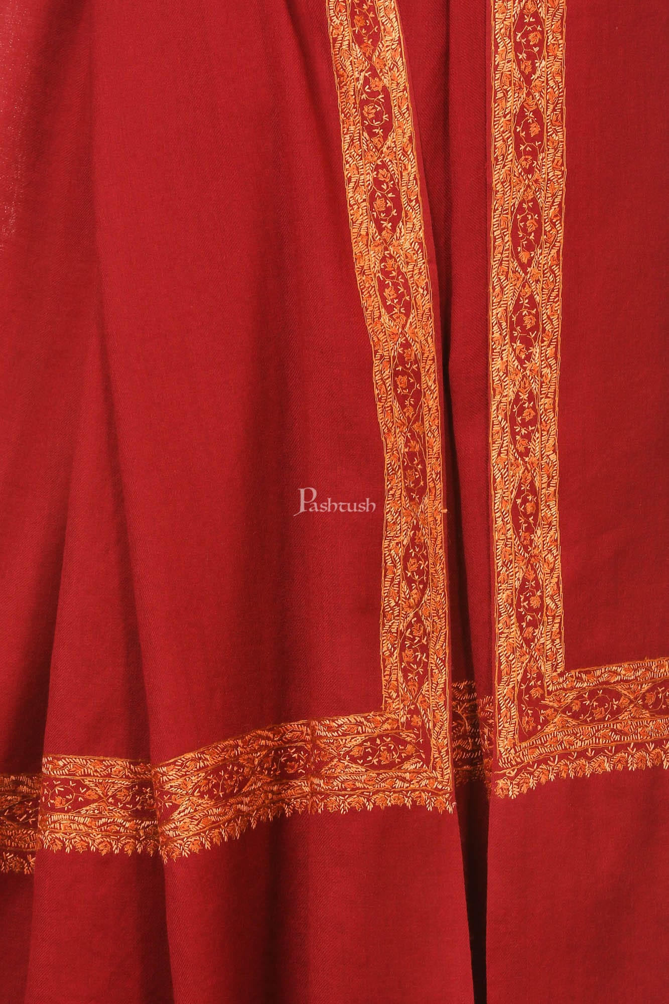 Pashtush India Womens Shawls Pashtush Womens Hand Embroidery Shawl, Border Design With Fine Needlework, Pure Wool Shawls - Maroon