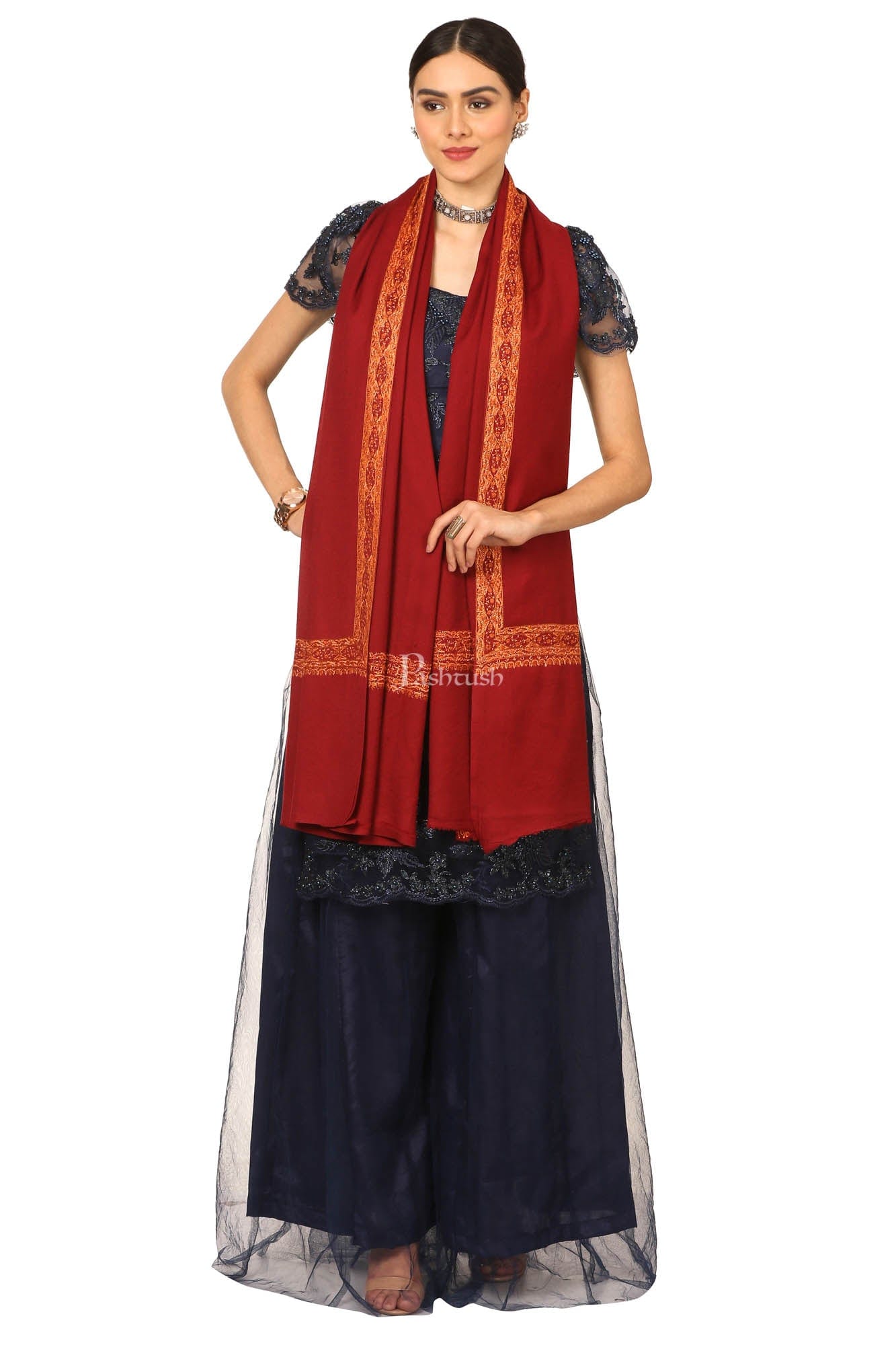 Pashtush India Womens Shawls Pashtush Womens Hand Embroidery Shawl, Border Design With Fine Needlework, Pure Wool Shawls - Maroon