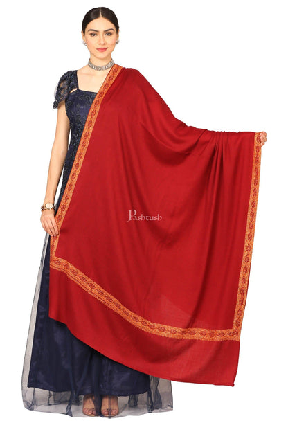 Pashtush India Womens Shawls Pashtush Womens Hand Embroidery Shawl, Border Design With Fine Needlework, Pure Wool Shawls - Maroon