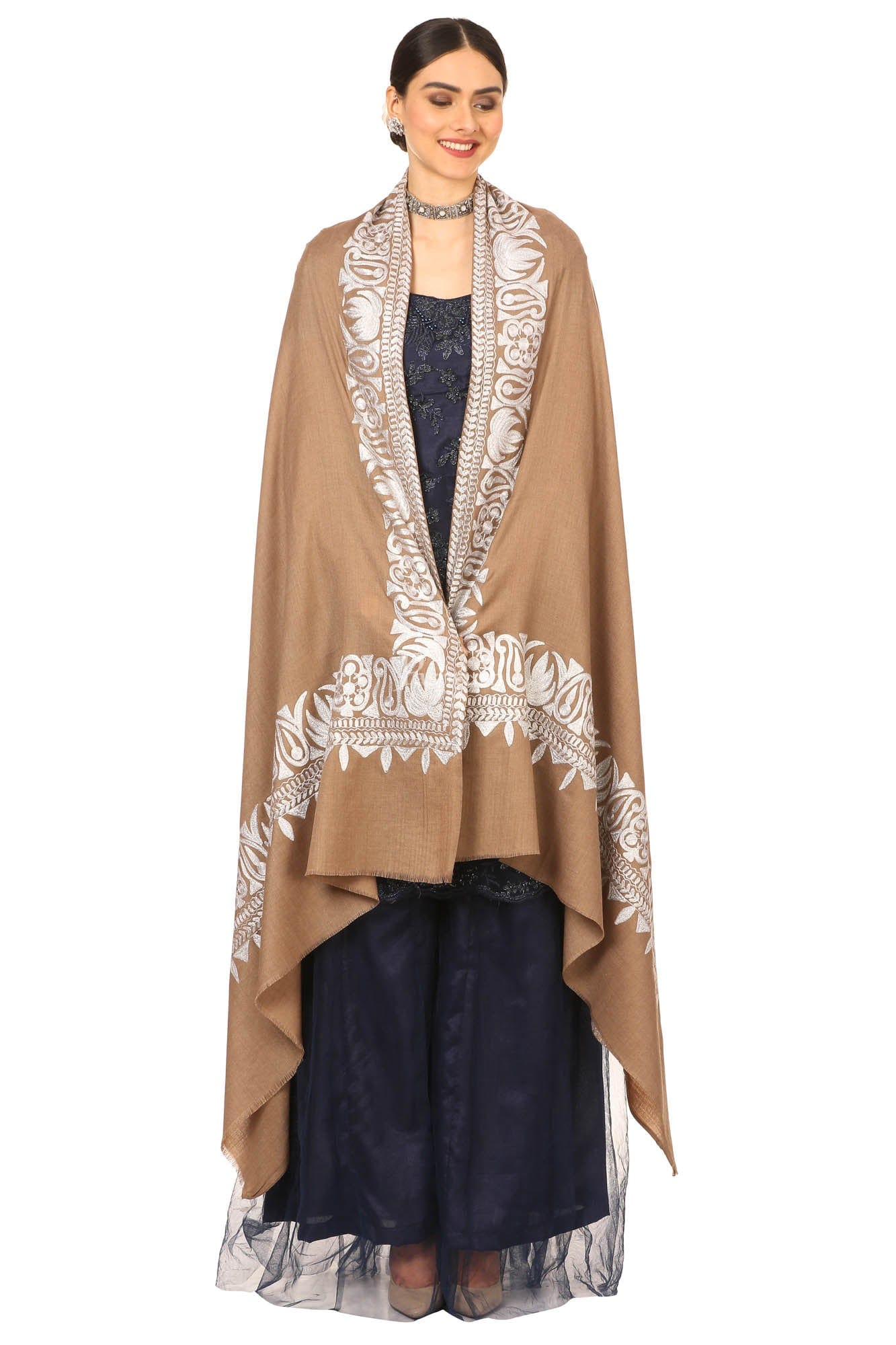 Pashtush India Womens Shawls Pashtush Womens Hand Embroidery Shawl, Border Design With Tilla Zari Work - Beige