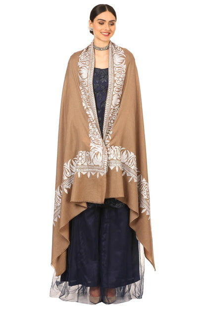 Pashtush India Womens Shawls Pashtush Womens Hand Embroidery Shawl, Border Design With Tilla Zari Work - Beige