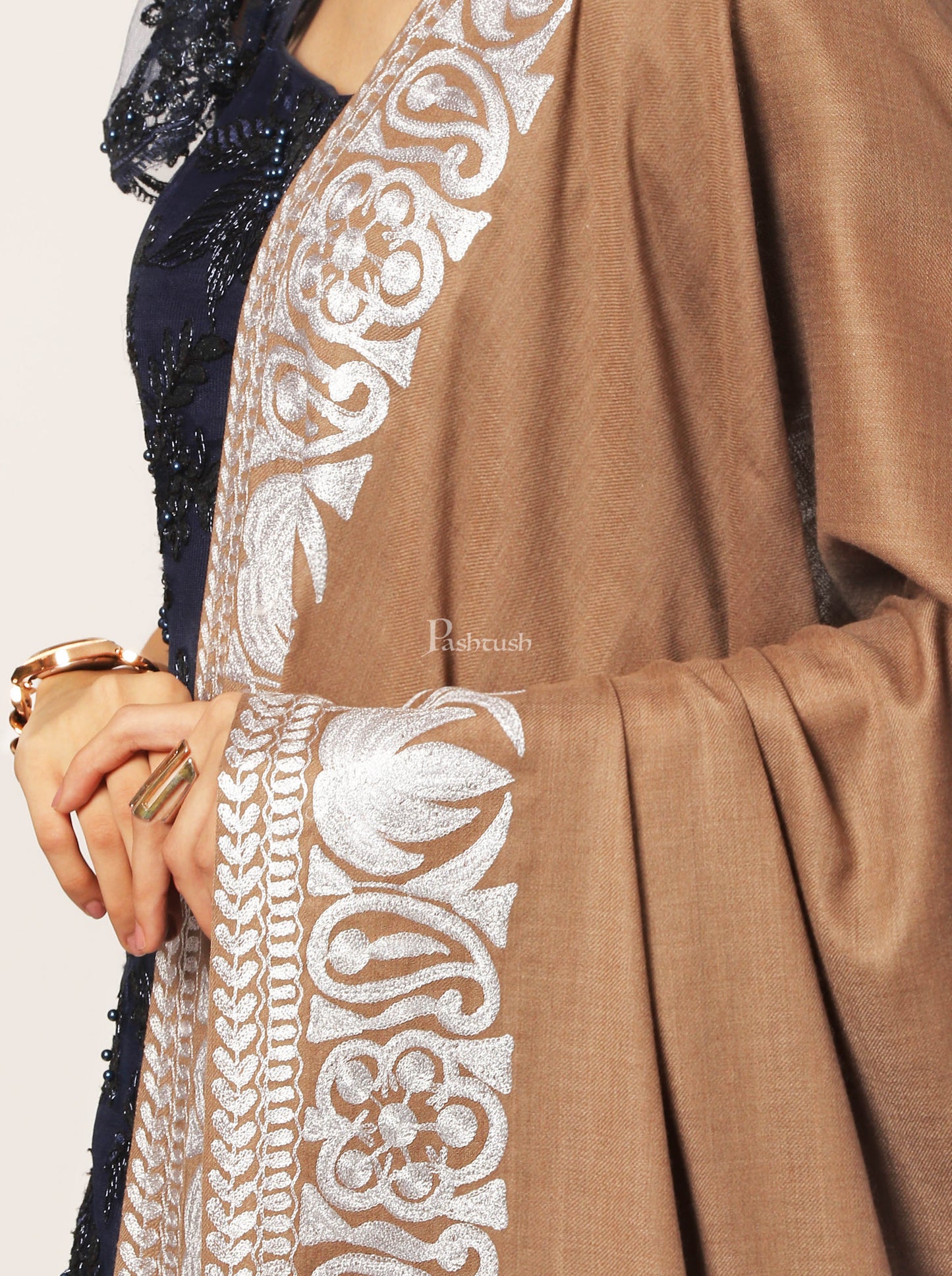 Pashtush India Womens Shawls Pashtush Womens Hand Embroidery Shawl, Border Design With Tilla Zari Work - Beige
