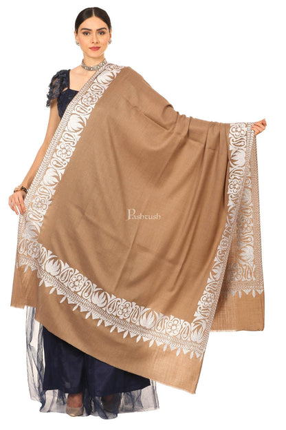 Pashtush India Womens Shawls Pashtush Womens Hand Embroidery Shawl, Border Design With Tilla Zari Work - Beige