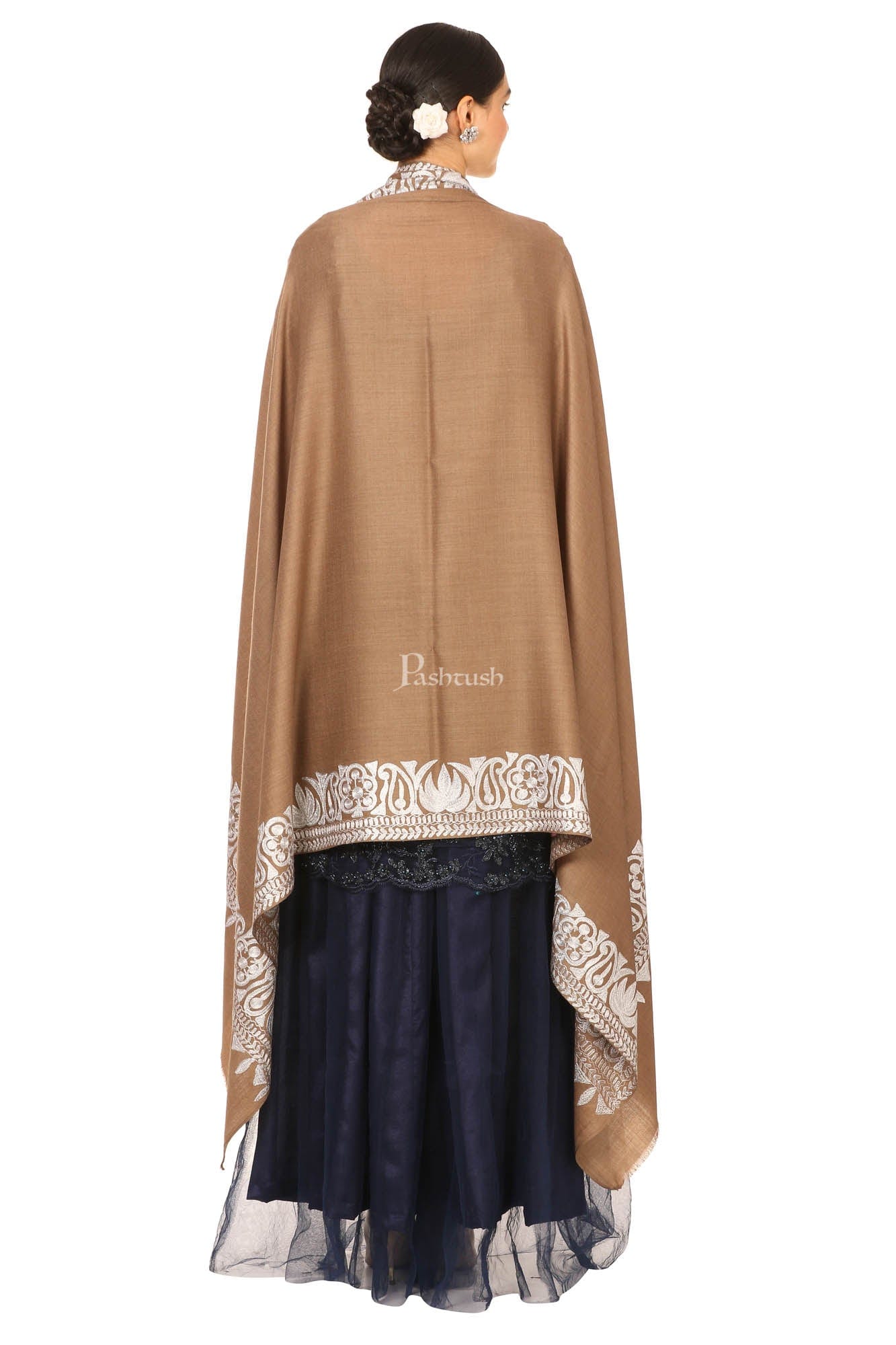 Pashtush India Womens Shawls Pashtush Womens Hand Embroidery Shawl, Border Design With Tilla Zari Work - Beige