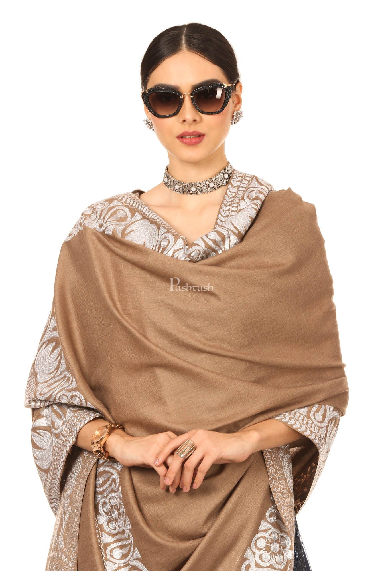 Pashtush India Womens Shawls Pashtush Womens Hand Embroidery Shawl, Border Design With Tilla Zari Work - Beige