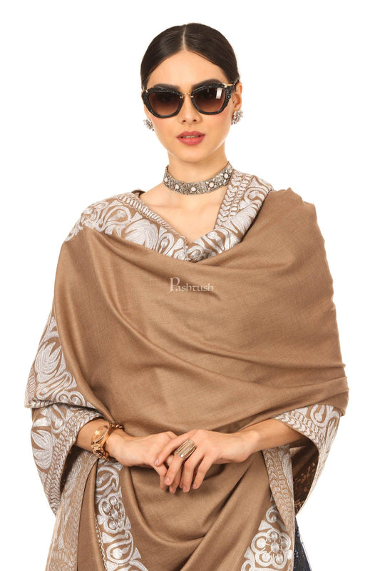 Pashtush India Womens Shawls Pashtush Womens Hand Embroidery Shawl, Border Design With Tilla Zari Work - Beige