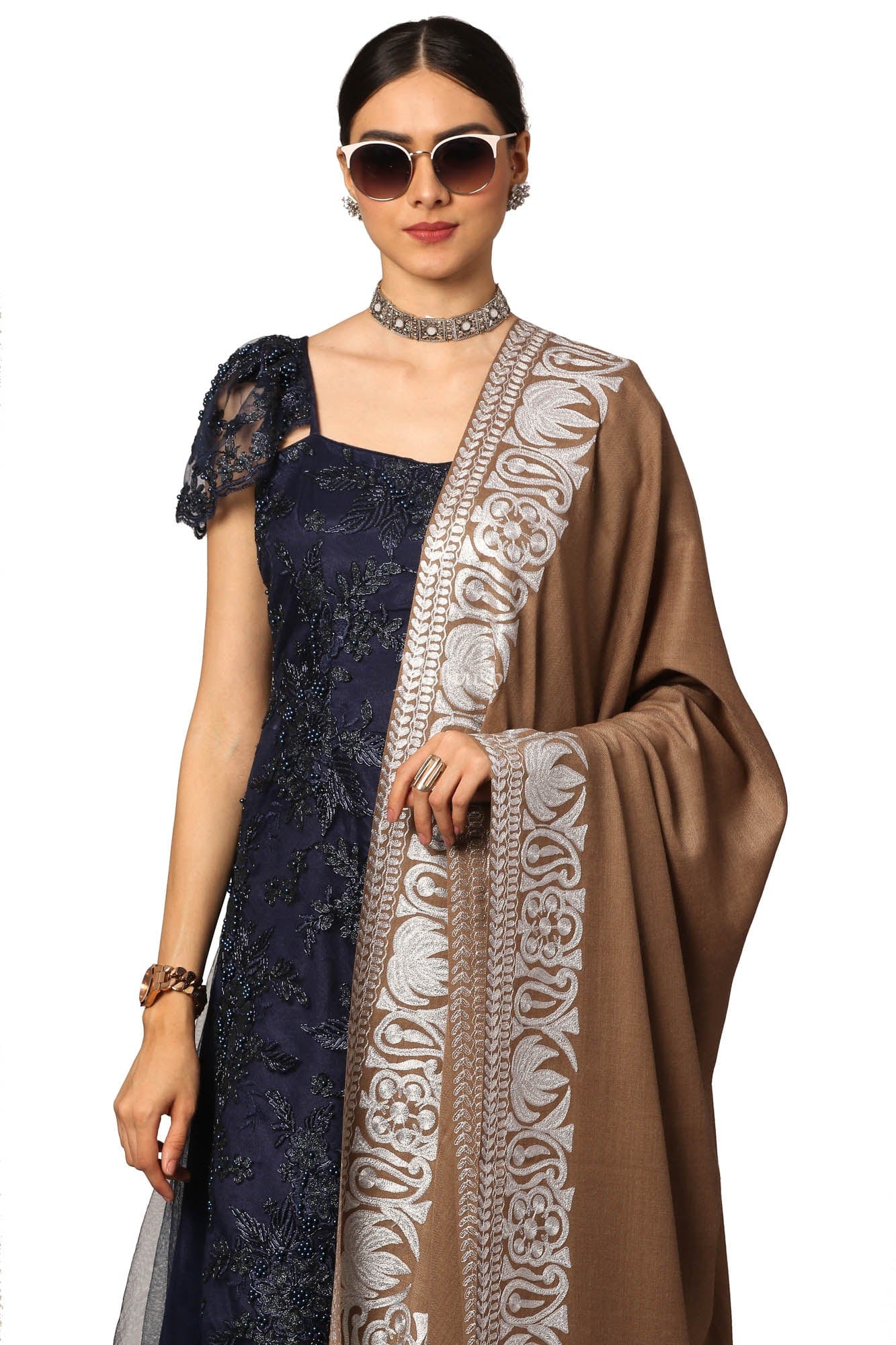 Pashtush India Womens Shawls Pashtush Womens Hand Embroidery Shawl, Border Design With Tilla Zari Work - Beige