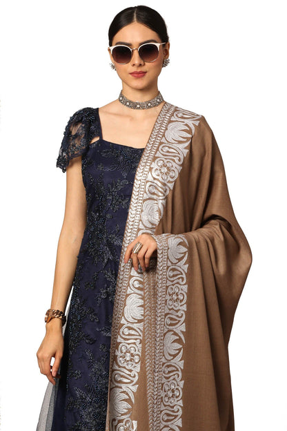Pashtush India Womens Shawls Pashtush Womens Hand Embroidery Shawl, Border Design With Tilla Zari Work - Beige