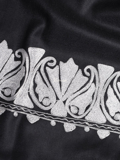 Pashtush India Womens Shawls Pashtush Womens Hand Embroidery Shawl, Border Design With Tilla Zari Work - Black